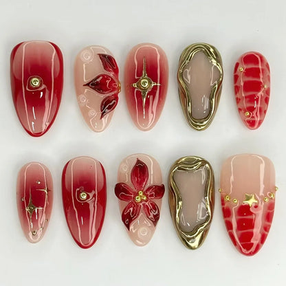 24Pcs Mid-length Almond Press on Fake Nails with Insect Flower Button Design Full Cover Nails Tips Reusable Finished False Nails