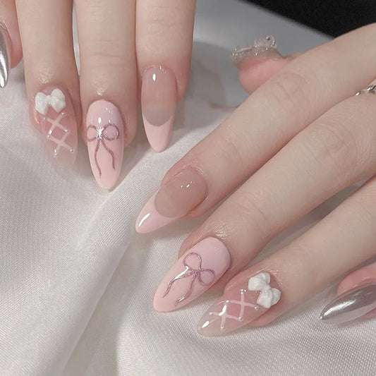 24pcs Almond Fake Nails Tips Sweet Bow Design Wearable False Nails Art Ins Pink French Long Oval Press on Nails Sets Finished