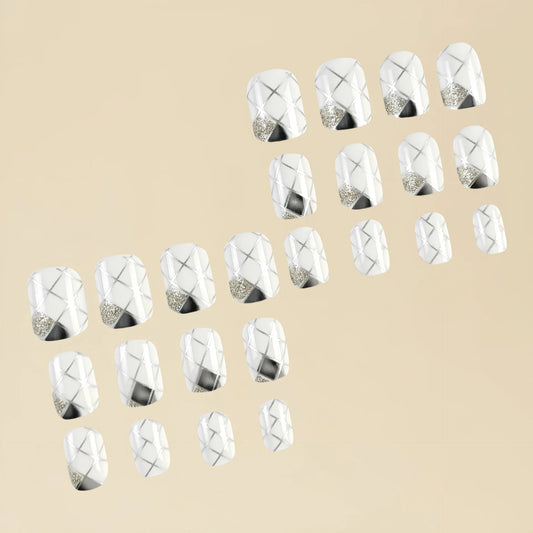 24PCS Short Square Fake Nails With Smooth White Acrylic Nail Grid Line Design, Fake Nails Fully Covered, Ladies And Girls Nail