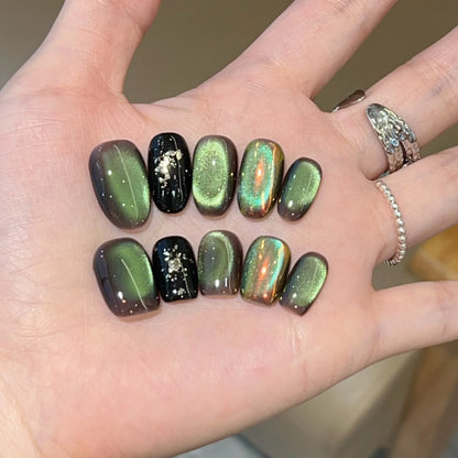 Jade – Green Glass Bead Cat Eye Short Press-On Nails