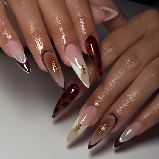 24pcs Long Stiletto Leopard Print Nails Sets Press on Brown Smudge Fake Nails Tips Finished French Reusable Almond False Nail