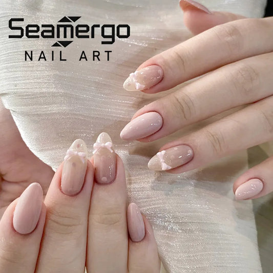 24PCS Almond Press on Nails Nude Pink Base Sweet Pink Bow and Polka Dot Decor Sweet Coquette Style Glossy Reusable False Nails