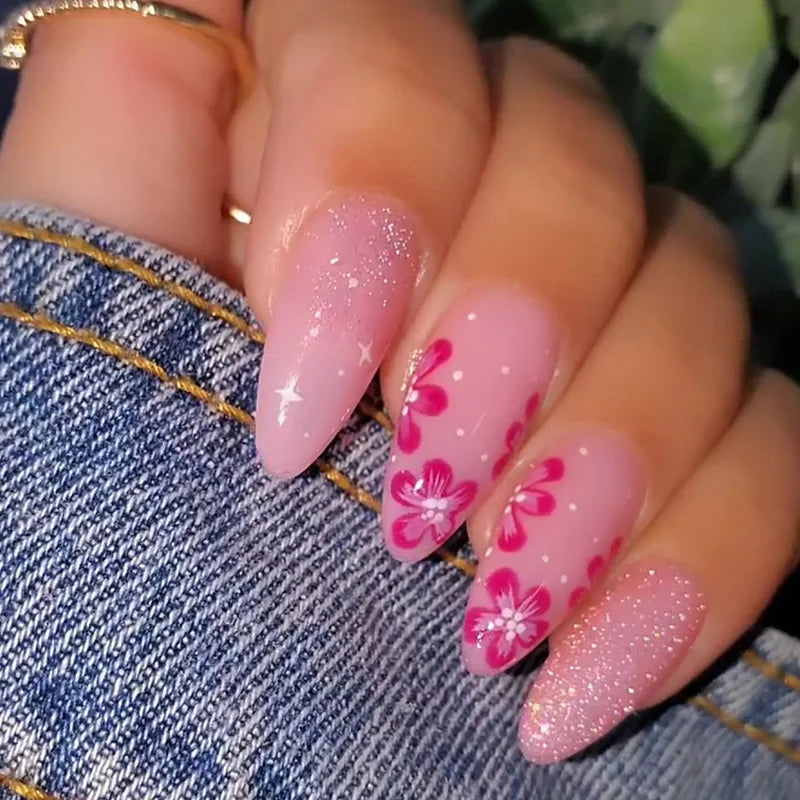 24pcs Blue Glitter Press on Nails Tips Butterfly Lines Design Nails White French Long Almond Fake Nail Sets Wearable False Nail
