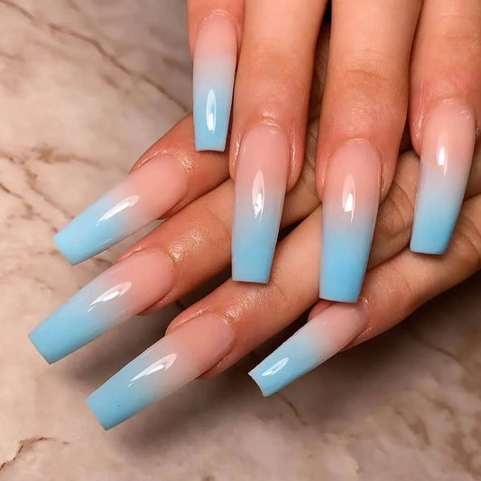 24pcs Long Ballet False Nails Gradient Blue Reusable Press on Nails Sets Simple Square Head Coffin Fake Nail Tips Stick on Nail