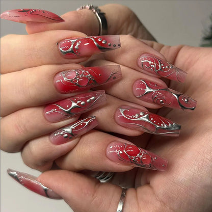 24Pcs Long Square Head French Fake Nail Tips 3D Love Heart Design Press on Nails with Rhinestone Pattern Wearable False Nail Art