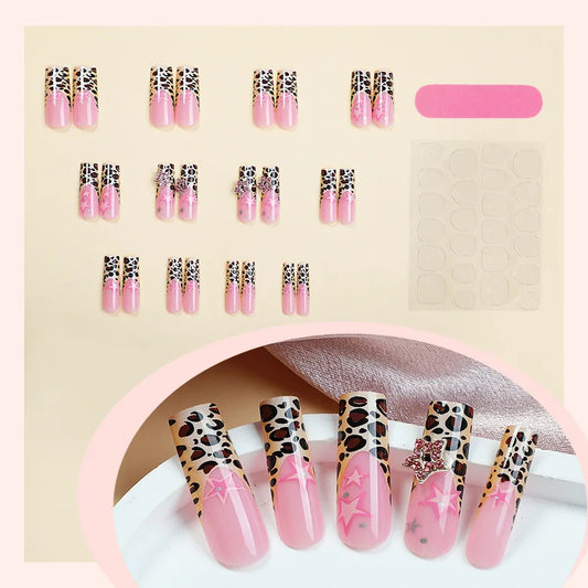 24pcs French Leopard False Nails European Long Ballet Press on Nails Full Cover Spice Girls Y2k Sweet Cool Style Fake Nail Tips