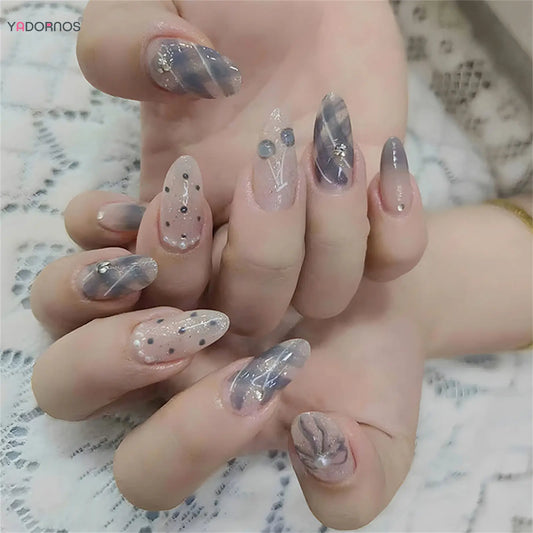 24pcs Glossy Almond False Nails Blue Gray Gradient Bowknots Shiny Sequins Diamond Press On Nails Ins Style Plaid Fake Nail Tips