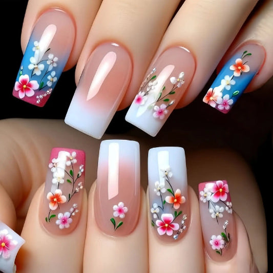 24Pcs Mid-length Square Head Fake Nails Blue Pink White Gradient Press on False Nails with Flower Wearable Full Cover Nails Tips