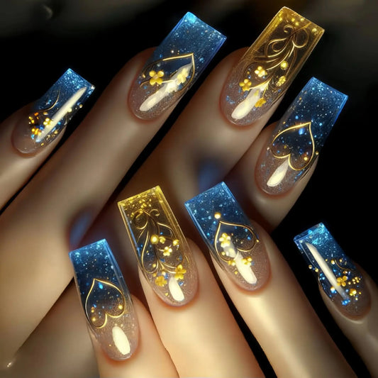 24Pcs Gold Glitter Long Coffin Press on Fake Nails Patch with Flowers Designs Finished Detachable Acrylic Nails for Spice Girls