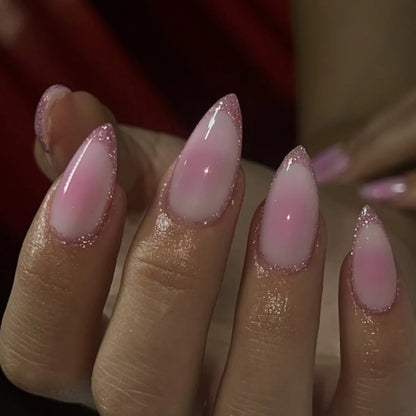24pcs Long Almond Press on Nails Gold Bow Fake Nails Cherry Pattern False Nail Artificial Tips Накладные Ногти Uñas Postizas 네일팁