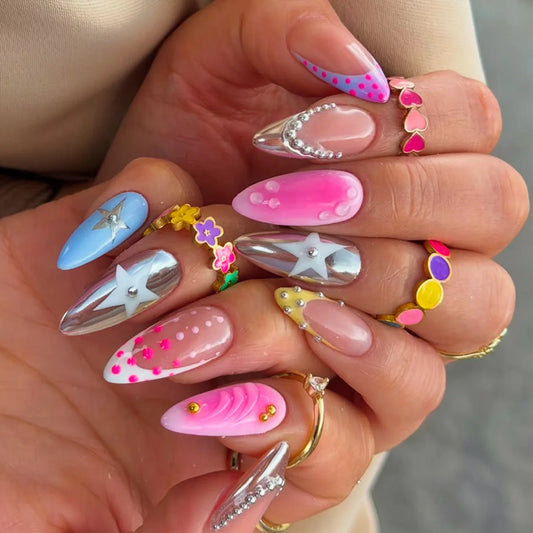 24PCS INS Colorful Almond False Nails Striped Polka Dot Star Pattern Press on Nails Fashion Sweet Cool Fake Nail Patches