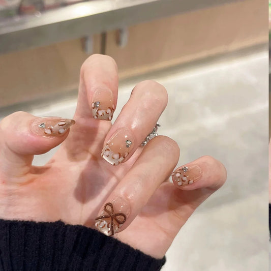 10Pcs Short Square Handmade French Bowknot Ballet False Nails with Leopard Print Cat Eye Design Sexy Fashion Wearable Fake Nails