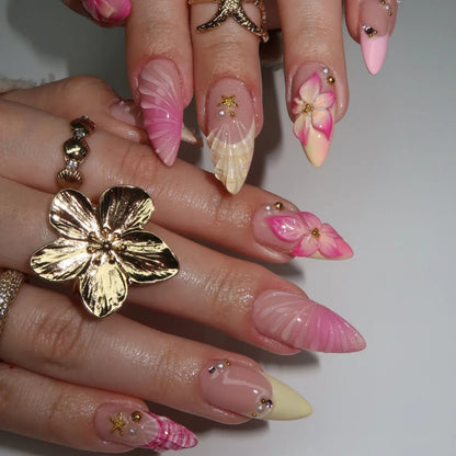 24PCS Sweet Summer Design False Nails Pastel Blue Pink Almond Fake Nail with 3D Starfish Shell Flower Pearl Beach Press on Nails