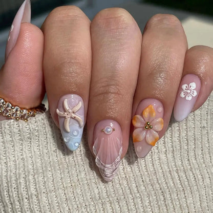 24PCS Sweet Summer Design False Nails Pastel Blue Pink Almond Fake Nail with 3D Starfish Shell Flower Pearl Beach Press on Nails