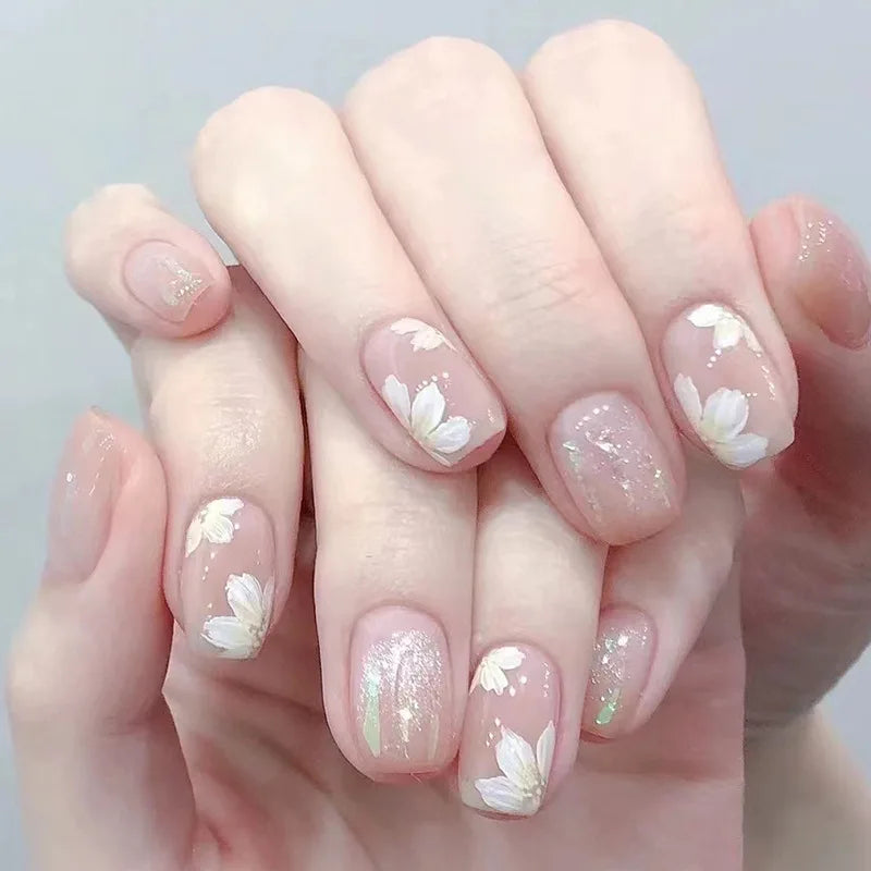 24Pcs Short Square False Nails Press on Blue Irregular French Love Heart Fake Nails Shiny Powder Wearable Full Cover Nails Tips