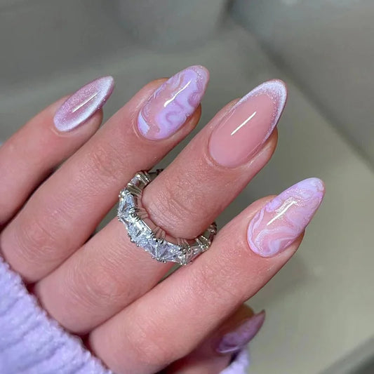 24pcs Cat's Eye False False Nail Art Almond Fake Nails Tips Purple French Simple Wearable Wave Smudge Design Press on Nails Sets