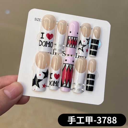 10Pcs/Set Handmade Y2K Long Square  White French press on nails，DoMo Star and Heart pattern Decoration