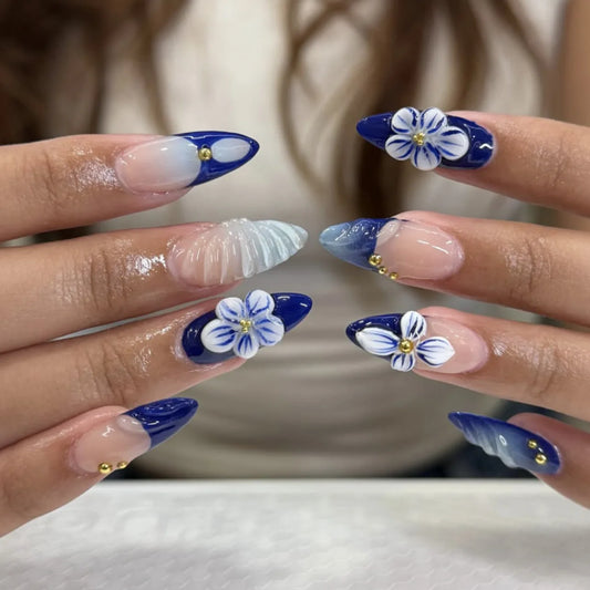 24pcs Finished False Nails Sets Flower Blue Long Almond Press on Nails Art Pearl French Fake Nail Tips Wearable Full Cover Nail