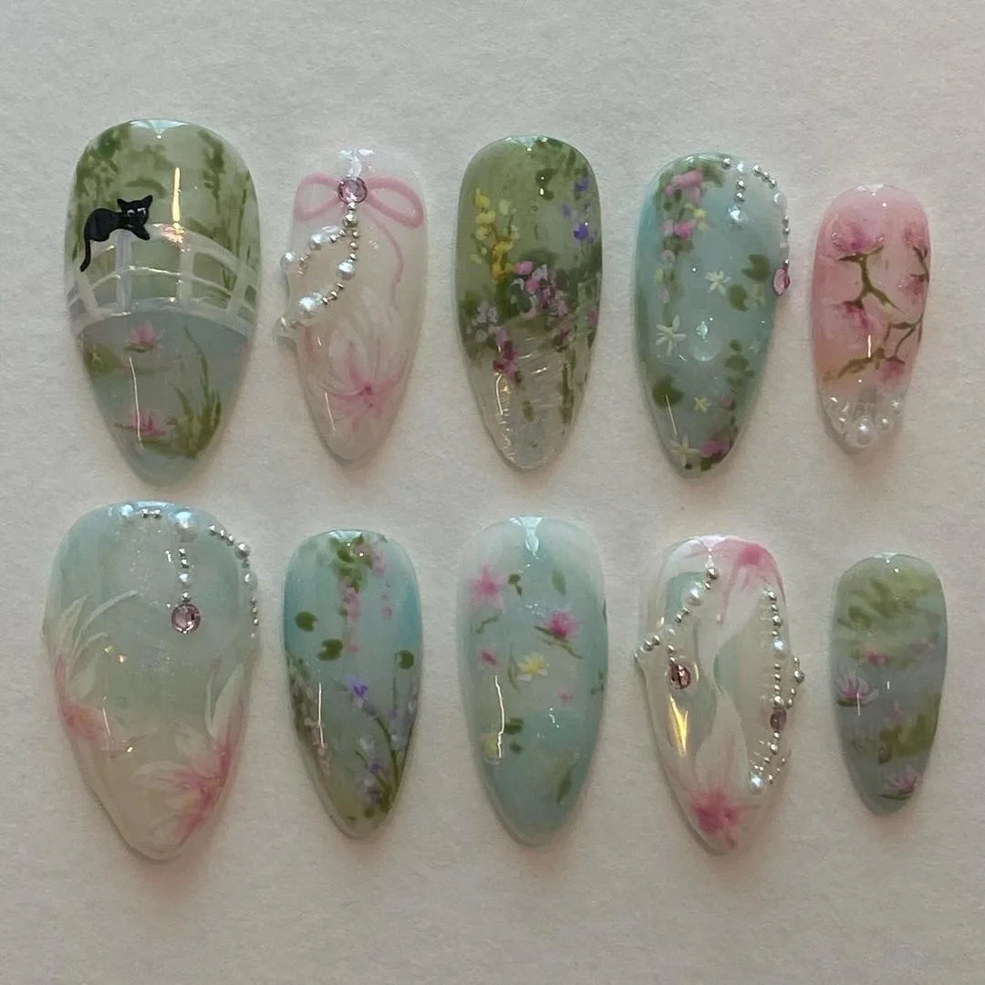 24Pcs Mid-length Almond Press on Fake Nails with Insect Flower Button Design Full Cover Nails Tips Reusable Finished False Nails