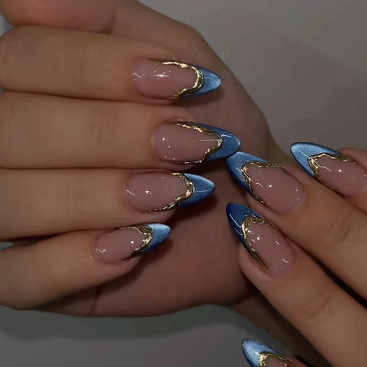 24pcs Blue Cat's Eye French Style False Nails Irregular Gold Stripes Designs Fake Nails Simple Almond Press On Nails For Women
