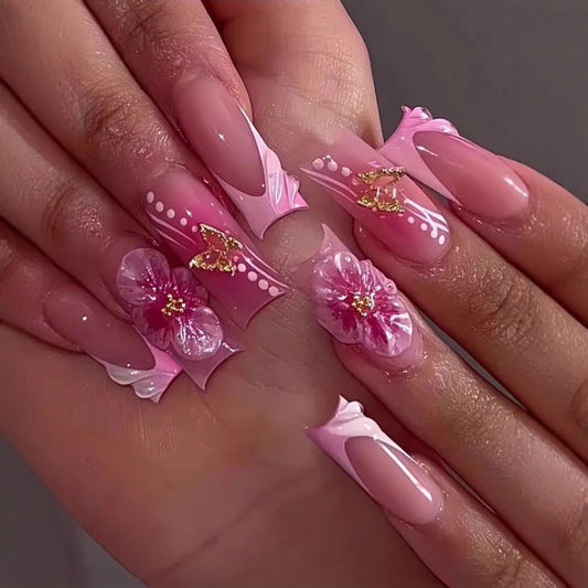 24pcs Wearable Square Press on Nails Summer Sweet Flower Design Mid-length Coffin False Nail Glitter Butterfly French Fake Nails