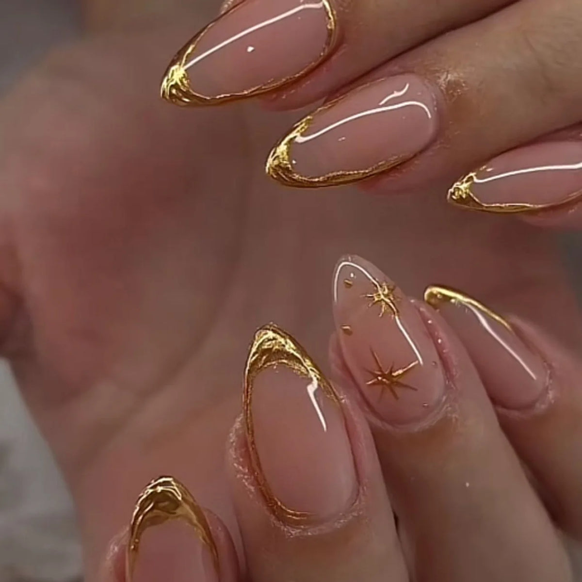 Shiny Rhinestone Stars Golden 3D Line French Nail Art Fashion Wearable Fake Nails Detachable Finished False Nails Press on Nails
