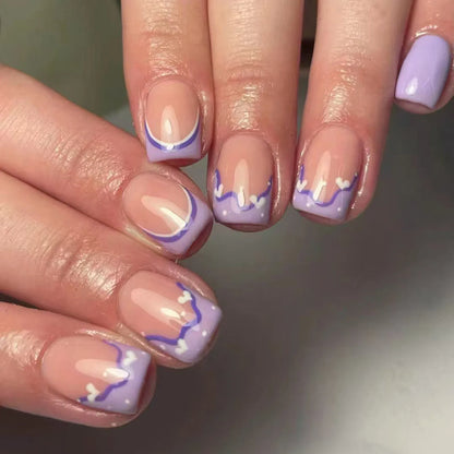 24pcs Wearable False Nails French Purple Short Square Fake Nail Tips Simple Love Stripes Design Ballet Press on Nails Finished