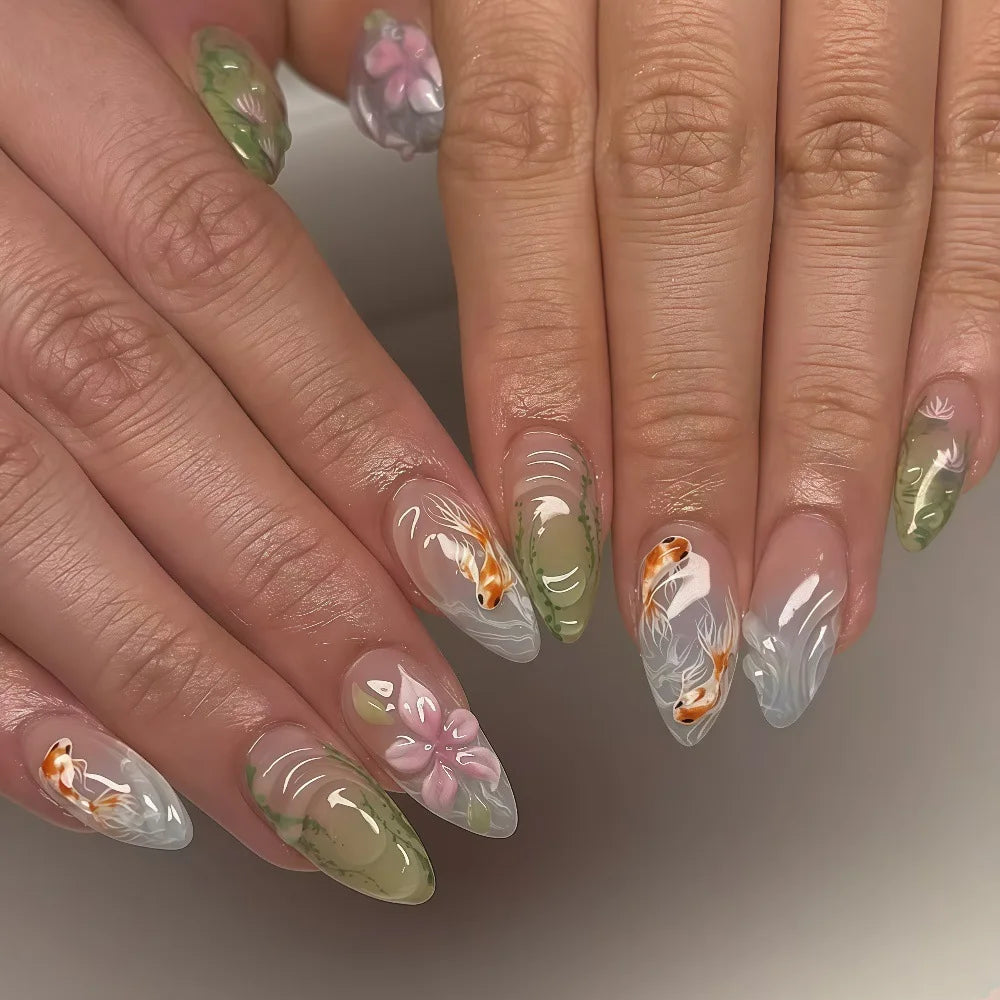 Harvest – Brown Floral 3D Almond Press-On Nails