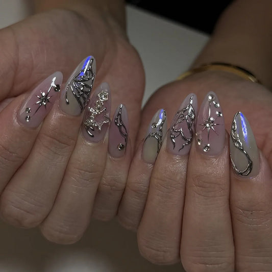 24pcs Blush Pink Almond Fake Nails Y2k Punk Style Silver Butterfly Star Decor Press On Nail Smudging Purple Sweet Cool Nail Tip