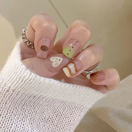 24Pcs Short Square Head Nails Set Press on 3D Bow Pearl False Nails Art Cameo Brown Smudge Detachable Full Cover Fake Nails Tips