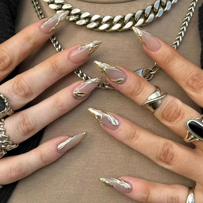 Shiny Rhinestone Stars Golden 3D Line French Nail Art Fashion Wearable Fake Nails Detachable Finished False Nails Press on Nails