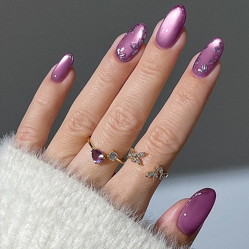 24pcs Almond False Nails Spring Summer Stick on Purple Cat's Eye Press on Nails Oval Fake Nail Flower Gold Leaf Design Manicure