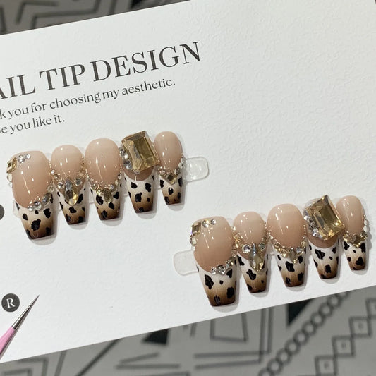 10Pcs Handmade Fake Nail Tips French Press on Nails Shiny Leopard Print Rhinestone Mid-length Square Detachable Acrylic Manicure