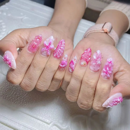 24pcs Pink Almond Press on Nails Set Ocean Flower Design False Nails Art Reusable Fashion Pearl Fake Nail Tips Seashell Manicure
