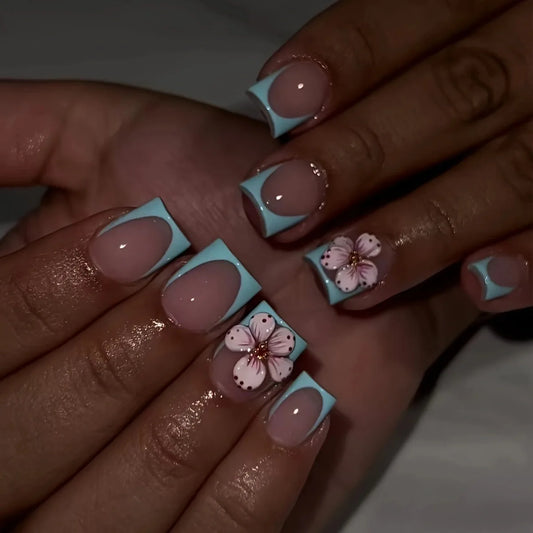 24pcs French Blue Fake Nails Art with Fashion Flower Design Short Square False Nail Tips Finished Reusable Simple False Nail Set