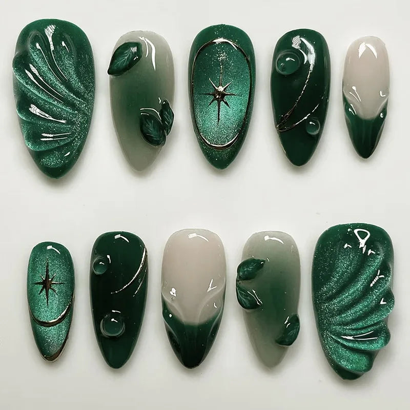 24Pcs Mid-length Almond Press on Fake Nails with Insect Flower Button Design Full Cover Nails Tips Reusable Finished False Nails