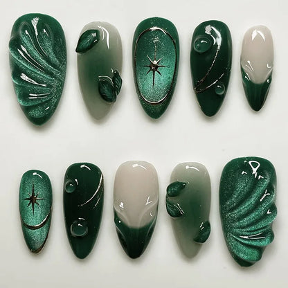 24Pcs Mid-length Almond Press on Fake Nails with Insect Flower Button Design Full Cover Nails Tips Reusable Finished False Nails