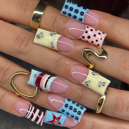 24pcs Mid-length Coffin False Nails Dark Metal Bows Heart Decor Black Gothic Style Press On Nails Polka Dot French Fake Nail