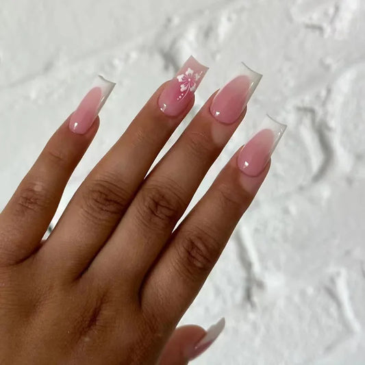 24Pcs Simple French Square Head Press on False Nails Peach Blossom Fake Nail Wearable Finished Manicure Full Cover Nail Tips