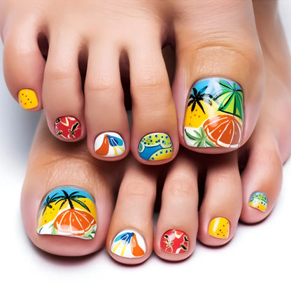 24pcs Colorful Painted Watermelon Fake Toenails Little Fresh Summer Beach Wearable False Toenail Shiny Diamond Press On Toenails