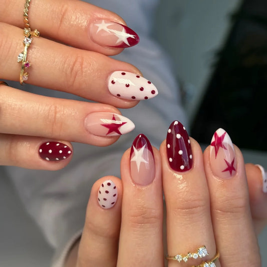 24Pcs Mid-length Almond Nails Set Press on Wine Red Pentagram French Fake Nails Full Cover Polka Dot Detachable False Nails Tips