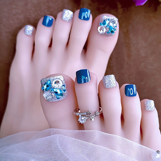 24Pcs Short Square Head Fake Toenails with Silver Shiny Powder Rhinestone Press on False Nails Detachable Full Cover Nails Tips