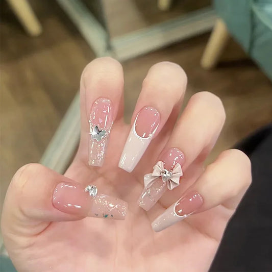 24pcs Long Ballet Press on Nails Art Glitter Diamond Full Cover Nail Tip Wearable French Bow Design Fake Nail Sequin False Nails
