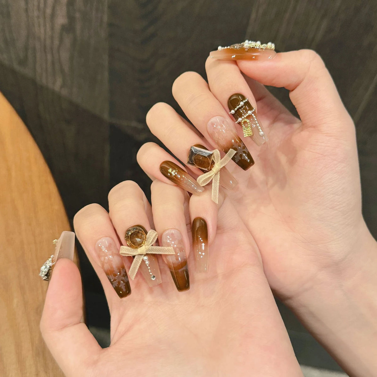 10pcs Gradient Brown French Tips False Nails Long Ladder Phototherapy Sweet Handmade Fake Nails Bows Diamond Decor Press On Nail