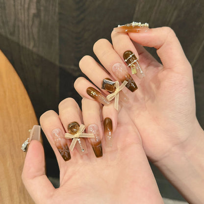 10pcs Gradient Brown French Tips False Nails Long Ladder Phototherapy Sweet Handmade Fake Nails Bows Diamond Decor Press On Nail
