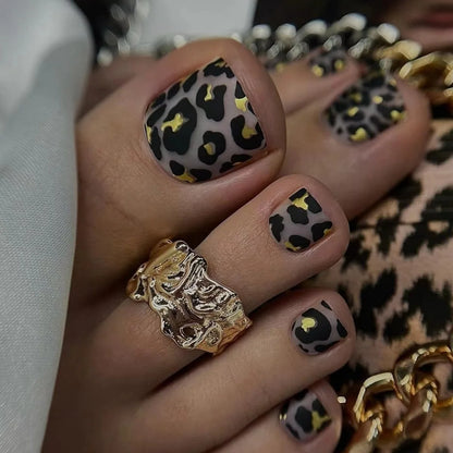 24PCS Black Leopard Print Press on Toe Nails Elegant Ins False Toenails Spice Girl Full Cover Wearable Simple Foot Fake Nail Set