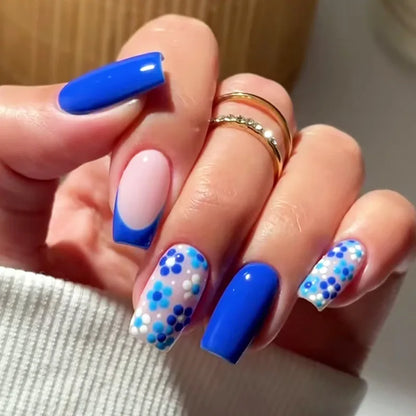 24pcs Blue Love Design False Nails Tips Datachable Fashion Short Ballet Press on Nails Art Simple Square Coffin Fake Nail Sets