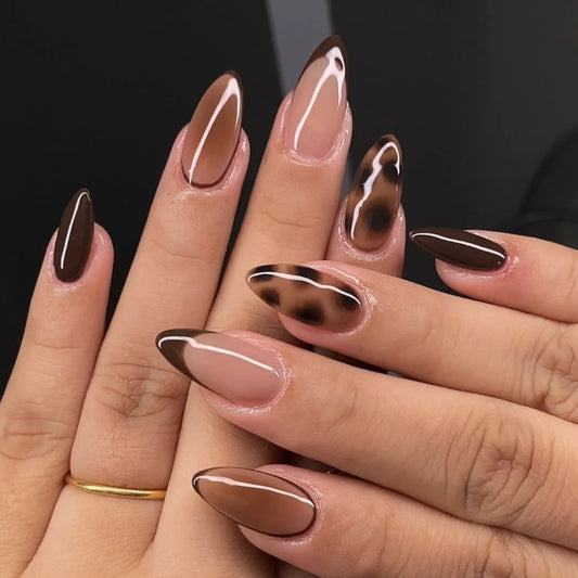 24pcs Wearable Brown Fake Nails Fashion Leopard Print Gradient Design Press on Nails Tips Simple French False Nail Set Finished