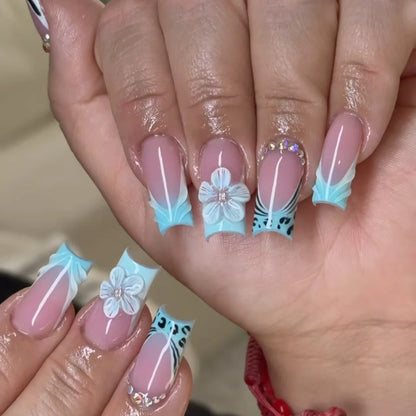 24PCS Spice Girls False Nails Sweet Cool 3D Pink Flowers with Diamonds Decoration Square Press on Nails Full Cover Wearable Tips