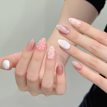 10pcs Handmade Almond Press On Nails Sweet Pink 3D Flower Cat's Eye False Nails Simple Daily Korean Style Fake Nail Manicure Art
